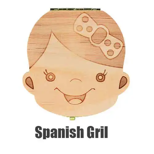 GrilSpanish Зубная коробка Испанский/английский/голландский/Португальский/французский/Польша/Детская деревянная коробка для зубов органайзер для хранения молочных зубов - Цвет: GrilSpanish