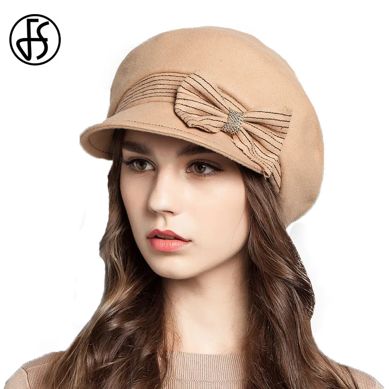 

FS Solid Color Newsboy Cap Women Winter Wool Felt Hats With Bowknot Wide Brim Gorras Planas Octagonal Cap Beret Femme Hiver