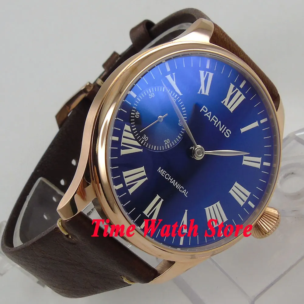 44 мм Парнис с синим циферблатом римскими цифрами золотой чехол светящийся 17 jewels