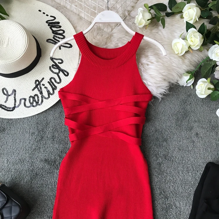 YornMona Korean Style Women Bandage Bodycon Dress Summer Split Knitted Party Dresses Elegant Halter Ladies Long Maxi Dres