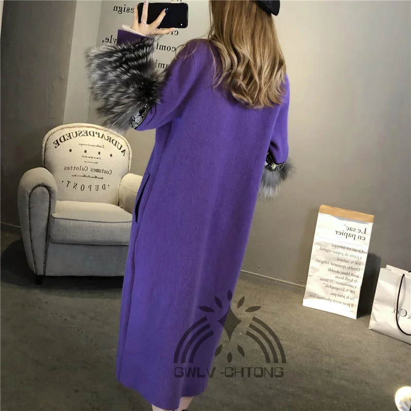 NEW women knitted mink cashmere sweater with fox fur sleeve fashion coat jacket cardigans |