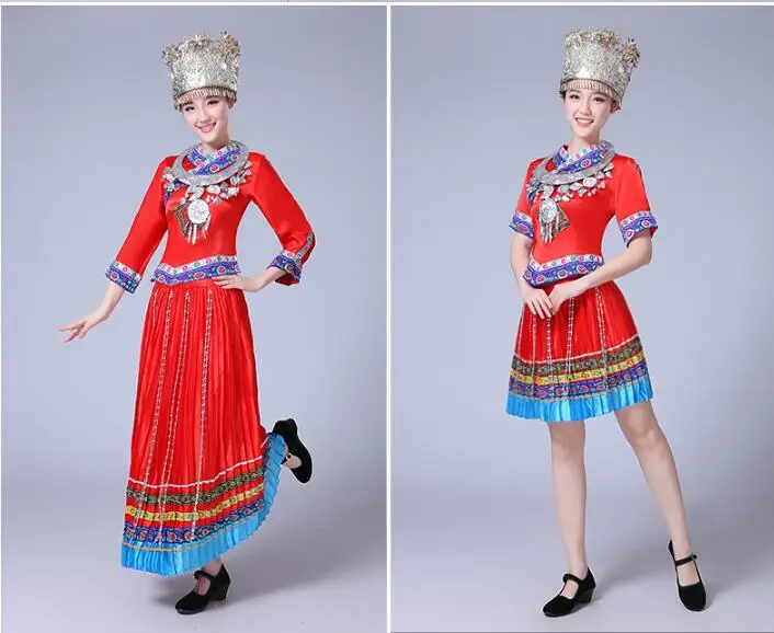 Новая танцевальная одежда Мяо красная плиссированная юбка Tujia танцевальные костюмы