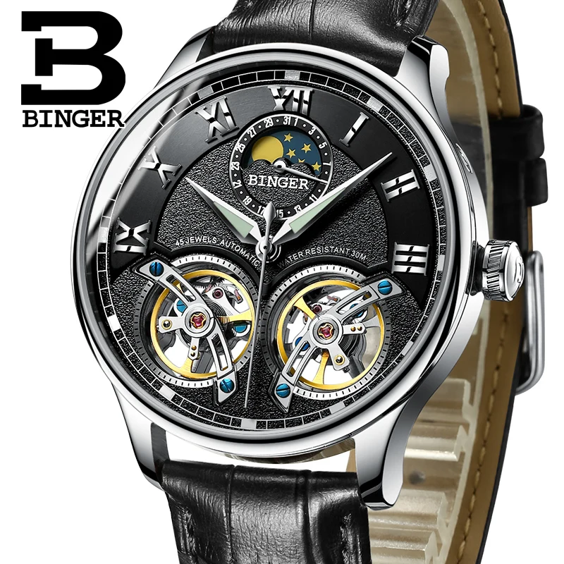 Новые механические мужские часы Бингер роль люксовый бренд Скелет наручные