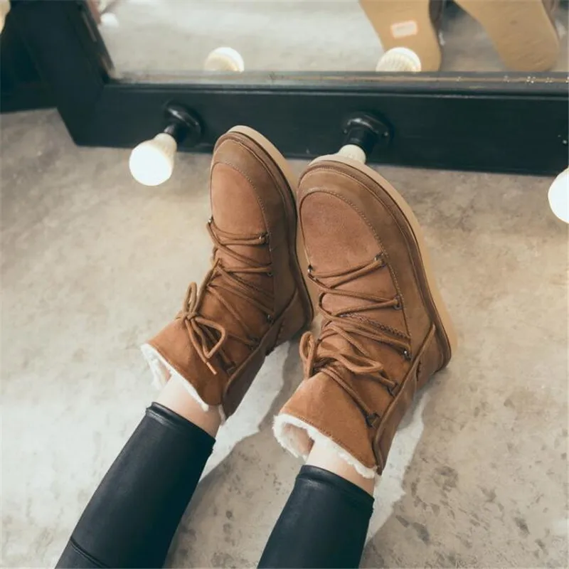 2018 winter new snow boots fashion mid-calf lace-up plush platform shoes women genuine leather Warm Women Обувь