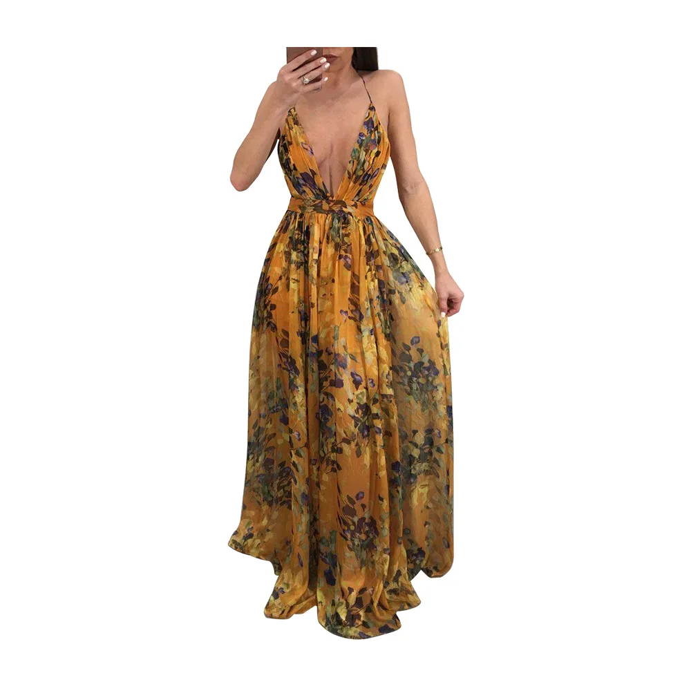 Summer Women's Fashion Sling Dress V-neck Casual Loose Wide Leg Printed Chiffon High Waist Ladies | Женская одежда