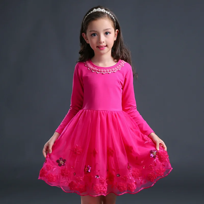 Осенняя одежда для девочек повседневные кружевные платья с цветочной