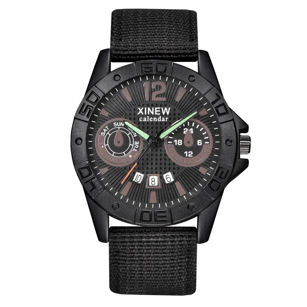 XINEW Canvas Wrist Watches Men's Sport Calendar Clock Relogio Masculino Top Brand Men Steel Dial Military Quartz Watch#Zer