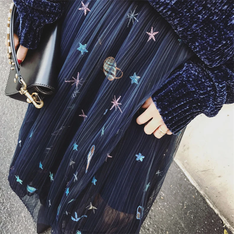 Женская сетчатая юбка длинная Плиссированная феи с вышивкой в виде планеты