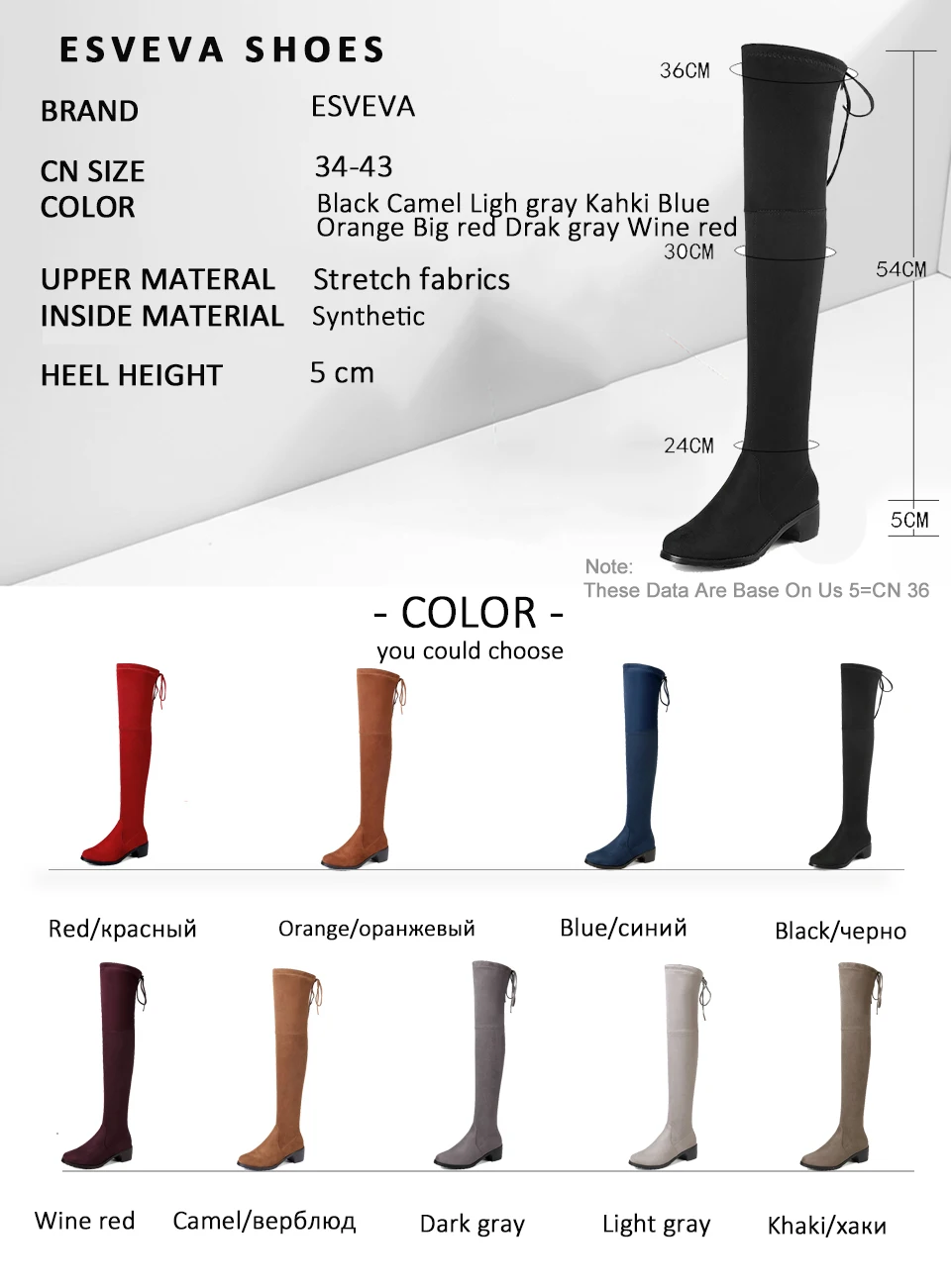 

ESVEVA 2019 Over The Knee Boots Square Heels Women Boots Stretch Fabric Winter Shoes Slim Look Round Toe Shoes Woman Size 34-43