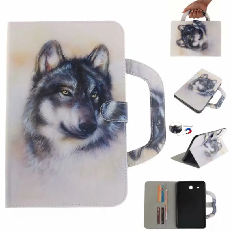 Tablet Case For Samsung Galaxy Tab E 9.6&quot T560 Handle Flip Cover Stand Leather Wallet Coloured drawing Tiger Lion wolf Coque |