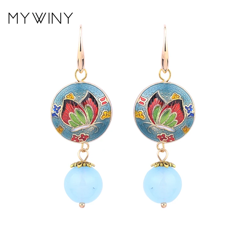 Новые модные ювелирные изделия MYWINY, медные ювелирные изделия, Перегородчатые цветы лотоса, Винтажные серьги-бабочки для женщин, китайский ветер