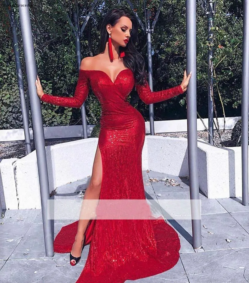 2019 дешевые красные Выпускные платья с блестками открытыми плечами и длинными