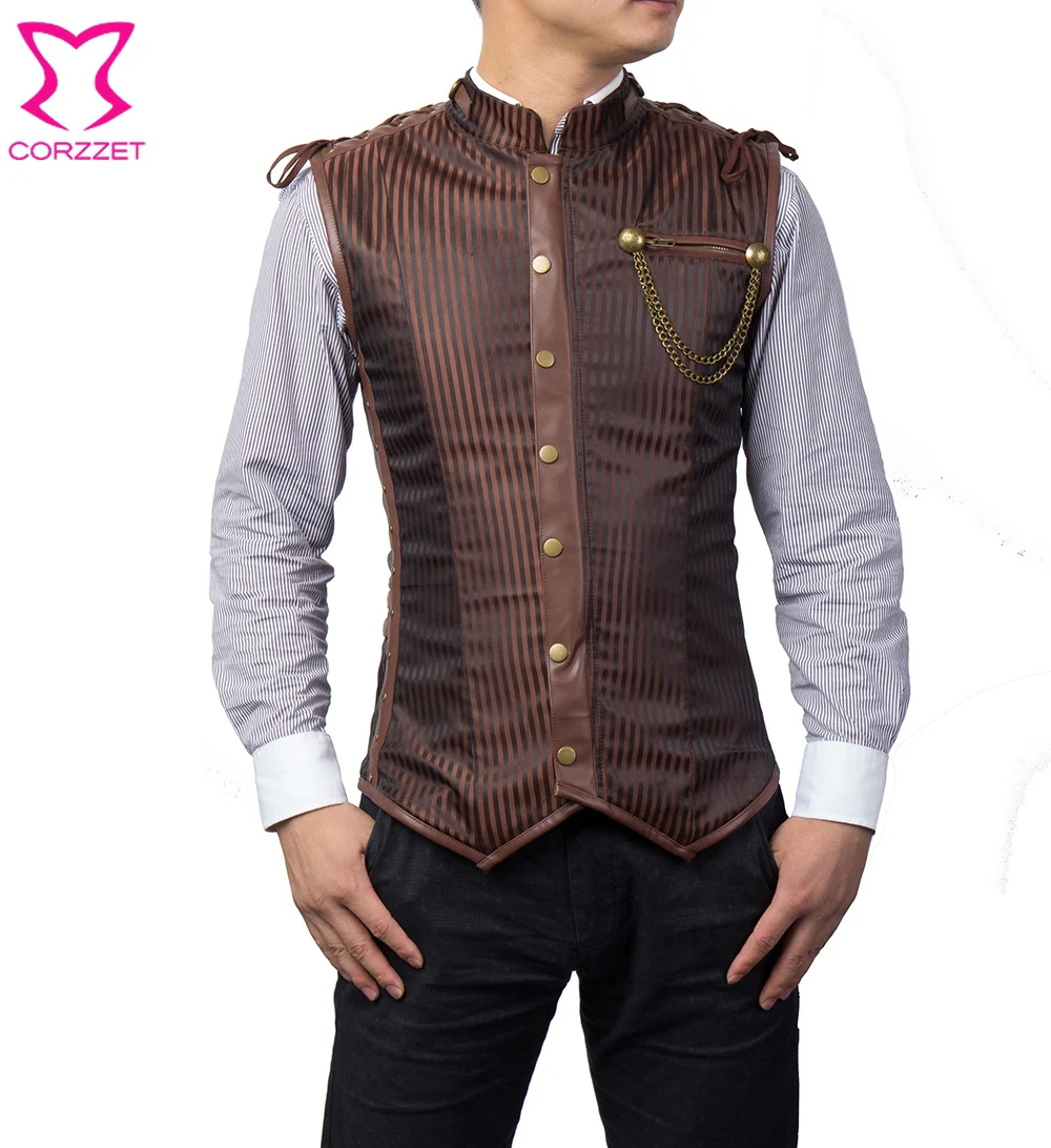 Мужской корсет с воротником стойкой куртка без рукавов в стиле панк/готика