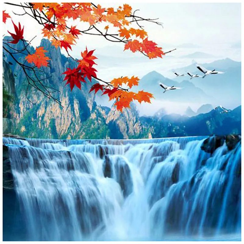 Вышивка с кристаллами алмазов кленовый лист водопад лесной мозаики дома