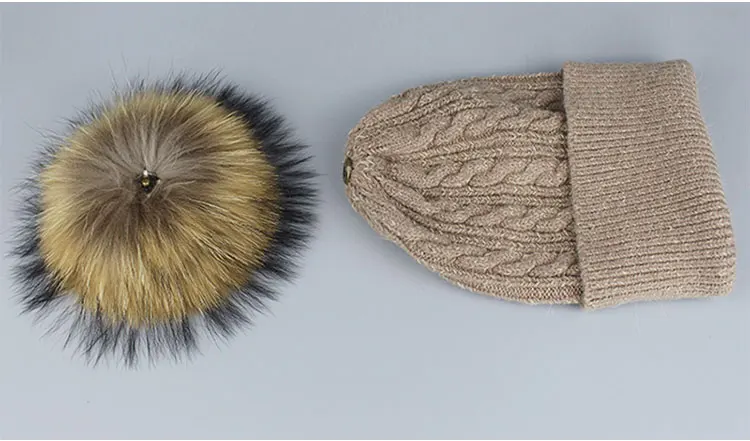 Зимняя меховая шапка с помпоном Skullies для женщин, кашемировая шерстяная хлопковая шапка, большая шапка с натуральным енотом, шапка с меховым помпоном, шапка с помпоном из лисьего меха