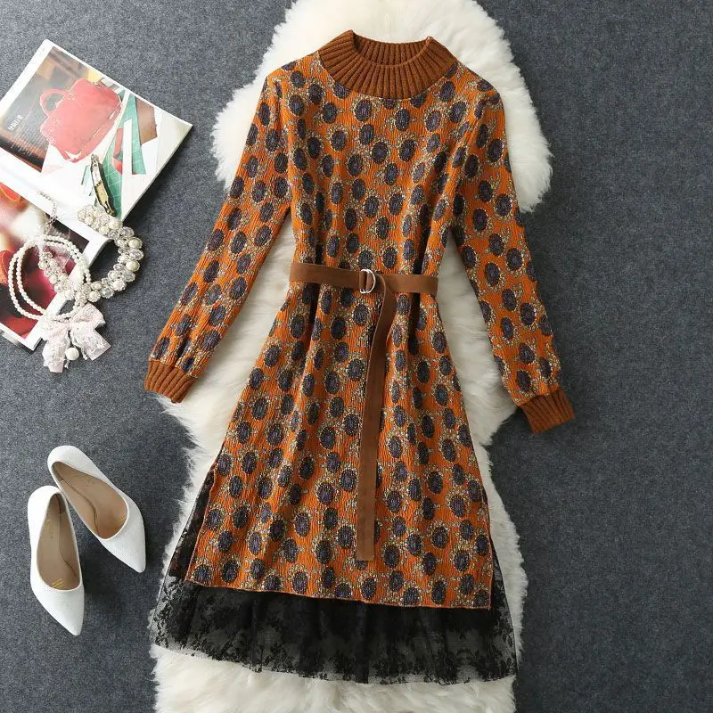 Женское трикотажное платье с длинным рукавом плиссированное шифоновое и