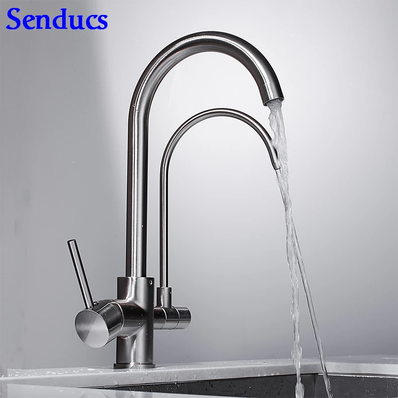 

Senducs Brushed Water Filter Faucet Dual Handle Single Hold Brushed Kitchen Faucet Quality Brass Kitchen Sink Filter Faucet