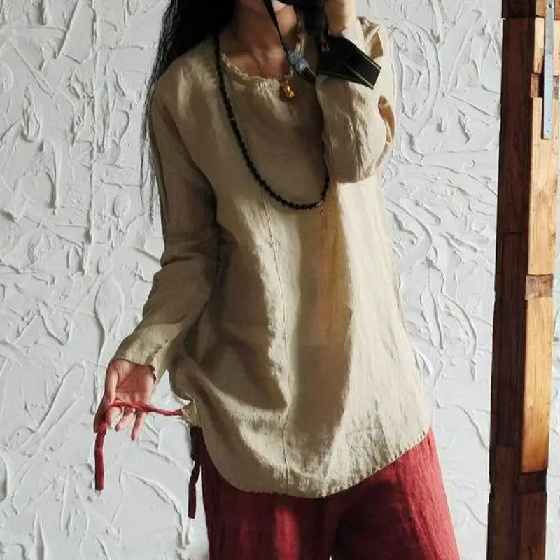 

2020 Spring Original Art Loose T Shirt Long Pockets Harajuku Women Ramie Tops O-neck Long Sleeve Irregular Hem T-shirt