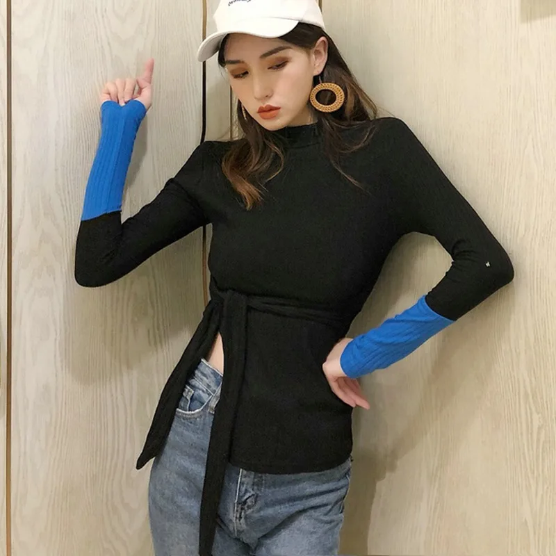 Women's fashion tee shirt outwaer casual tshirt t-shirts funny Long Sleeve Color Block Turtleneck Lace Up Slit Knitted T-Shirt | Женская