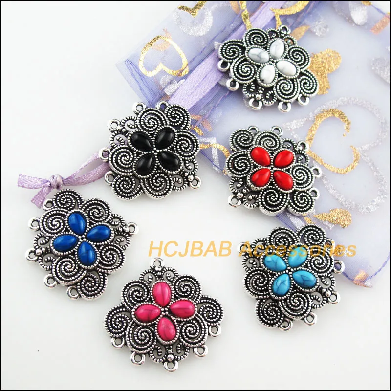 

6Pcs Tibetan Silver Flower Mixed Stone Charms Pendant Connectors 28x30mm