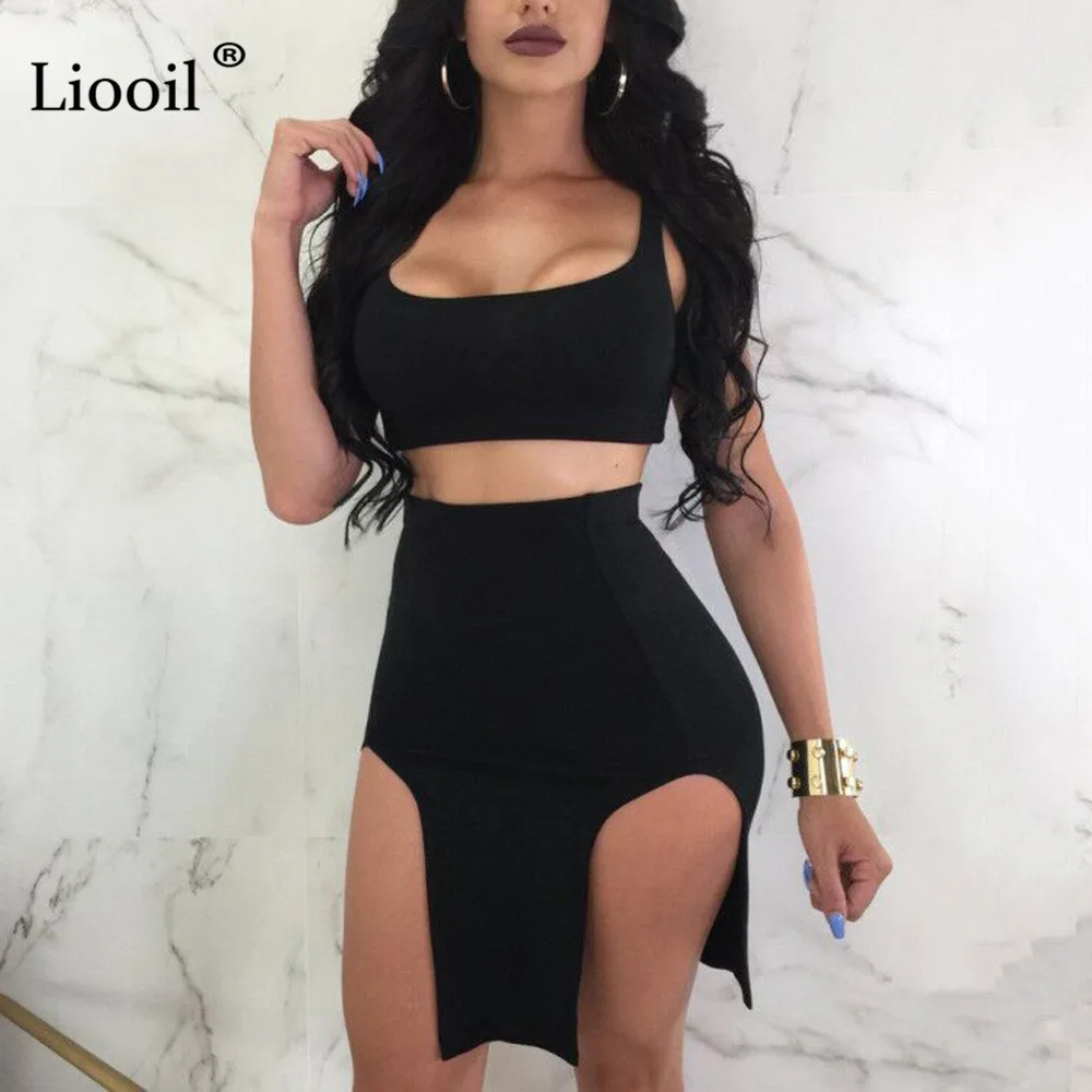 Liooil Двойка комплект без бретелек платье-футляр для вечеринки Разделение платье Для женщин Высокая талия с открытой спиной без рукавов бодикон миди черное сексуальное Клубное платье