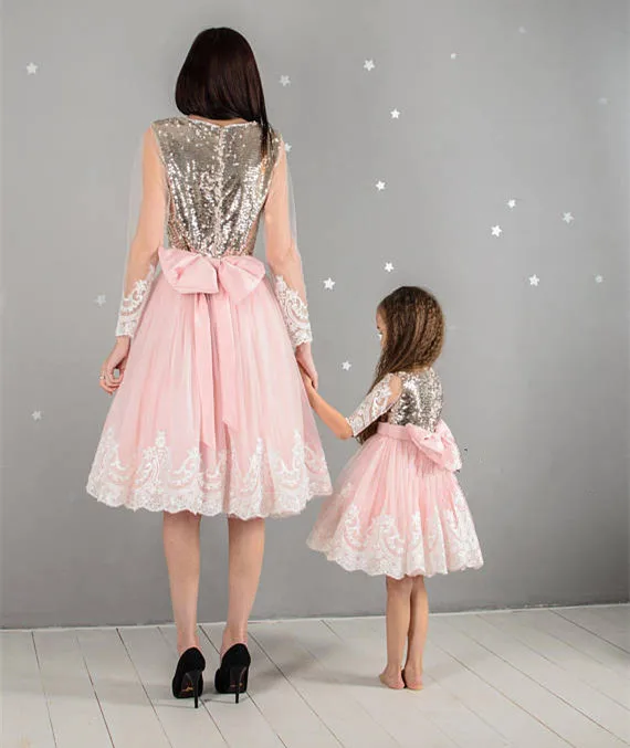 

New Pink Girl's Birthday Outfit Lace Sequins Long Sleeve Flower Girls Dresses for Wedding Mother Daughter Photoshoot for Girls