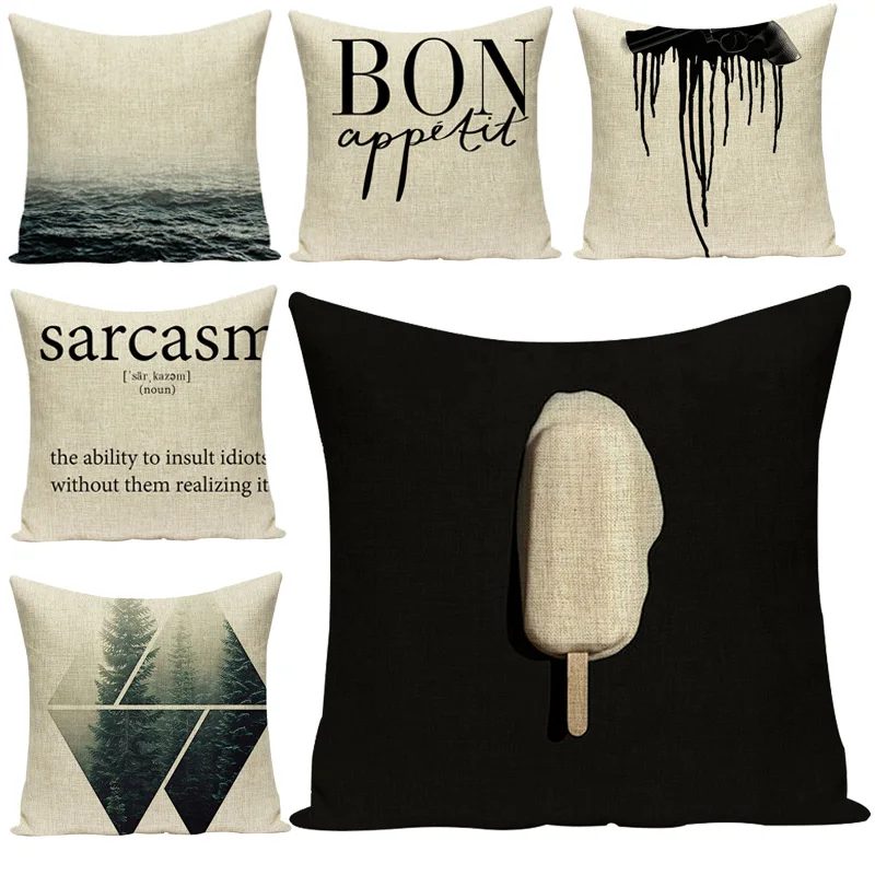 Простое искусственное льняное украшение-чехол для подушки в черном и белом цвете