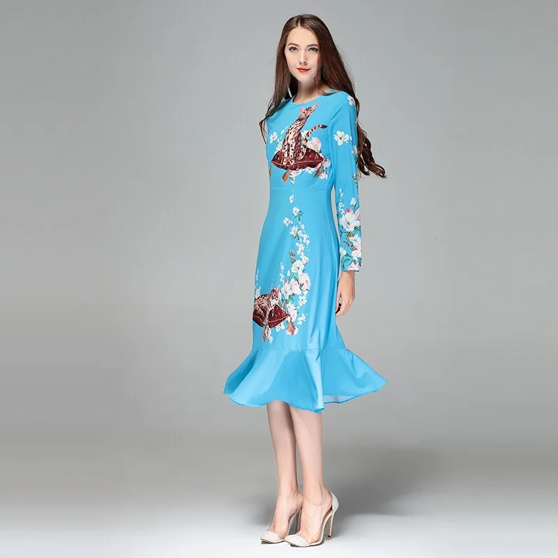 2018 сезон: весна лето с принтом кота синий элегантный трубы платье XL Haute Couture