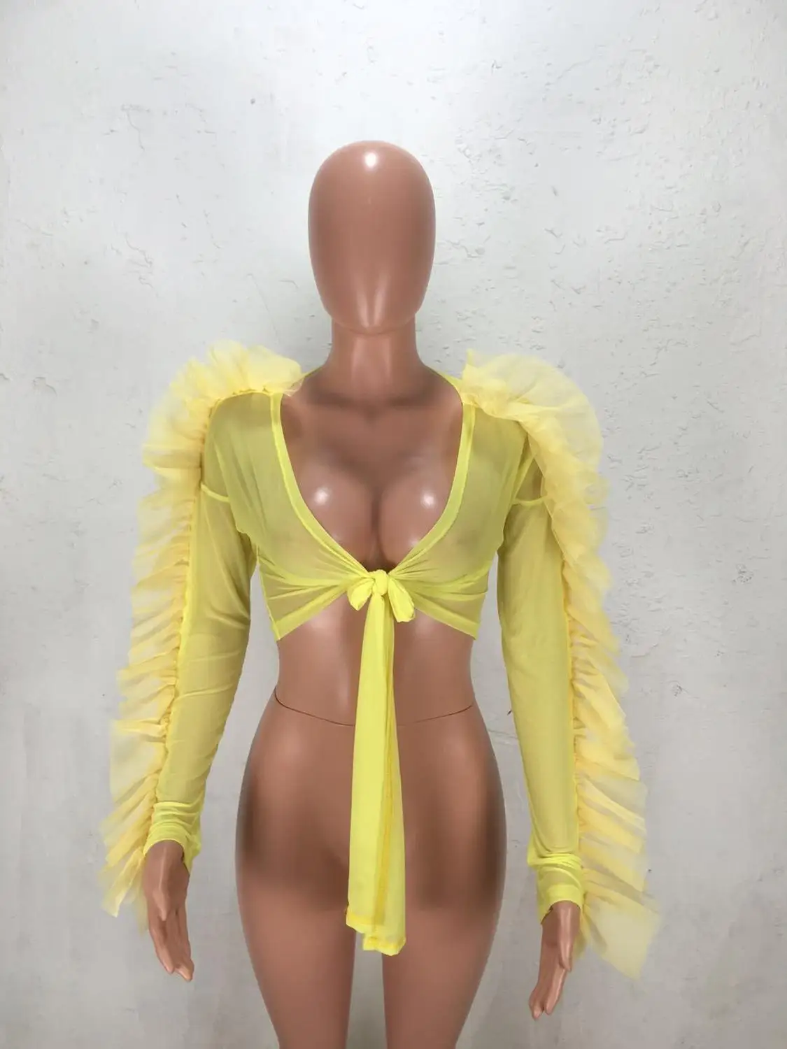 Желтый топ сетчатый с завязками спереди сексуальный укороченный летние топы