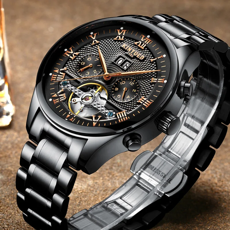 Роскошные мужские механические часы Tourbillon Kinyued Switzerland водонепроницаемые