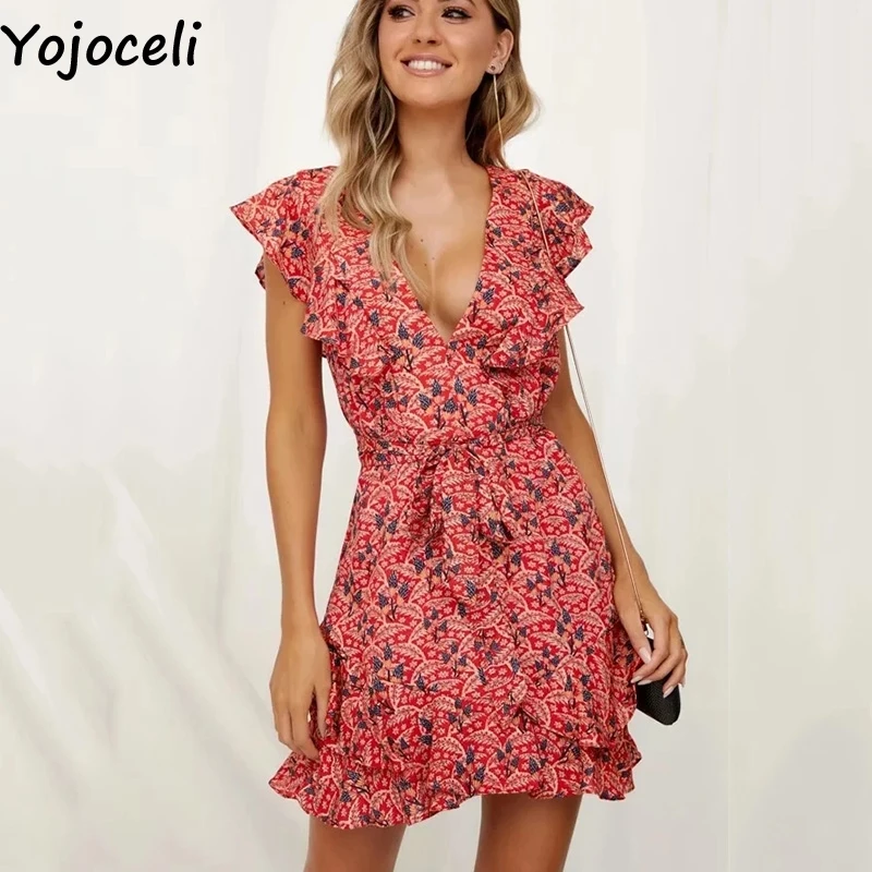 Yojoceli/короткое элегантное платье с рюшами летнее шифоновое поясом и бантом
