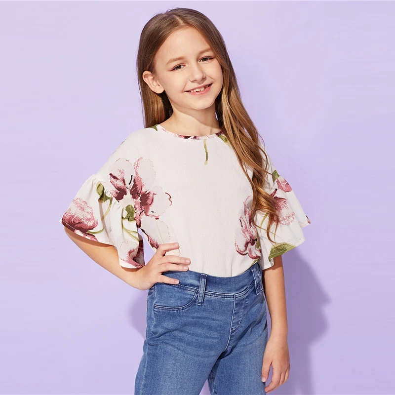 SHEIN/детская блузка с абрикосовым цветочным принтом для девочек; топы для девочек; коллекция года; сезон лето; милые корейские футболки с короткими рукавами и оборками; детская одежда
