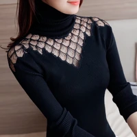 sweater women turtleneck 2020 autumn winter new style pullover lace knitted shirts sexy see through splice tops sweaters blusas