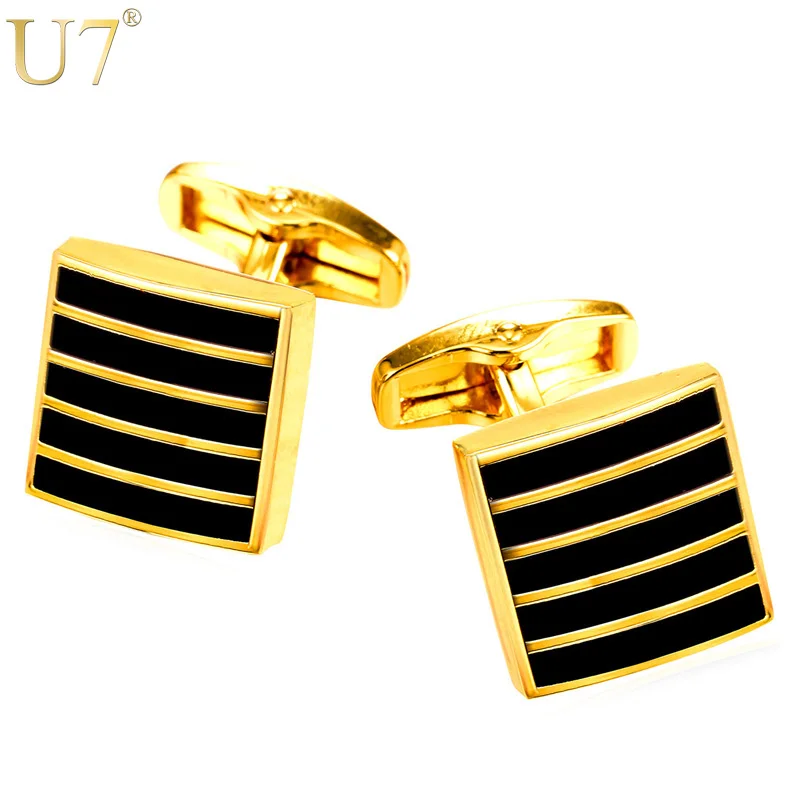 

U7 New Classic Black Cufflinks For Mens Gold Color Suit Stripe Square Cuff Links Buttons Clip Men Jewelry Wholesale C008