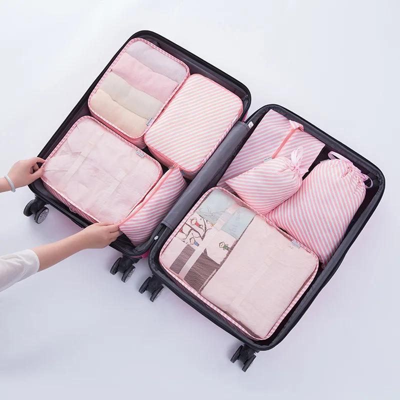Pink stripes Новинка 8 шт./компл. Упаковка Кубики дорожный органайзер для багажа дорожная сумка женская одежда Большая Сумка Обувь для сортировки нижнего белья вещевой мешок - Цвет: Pink stripes