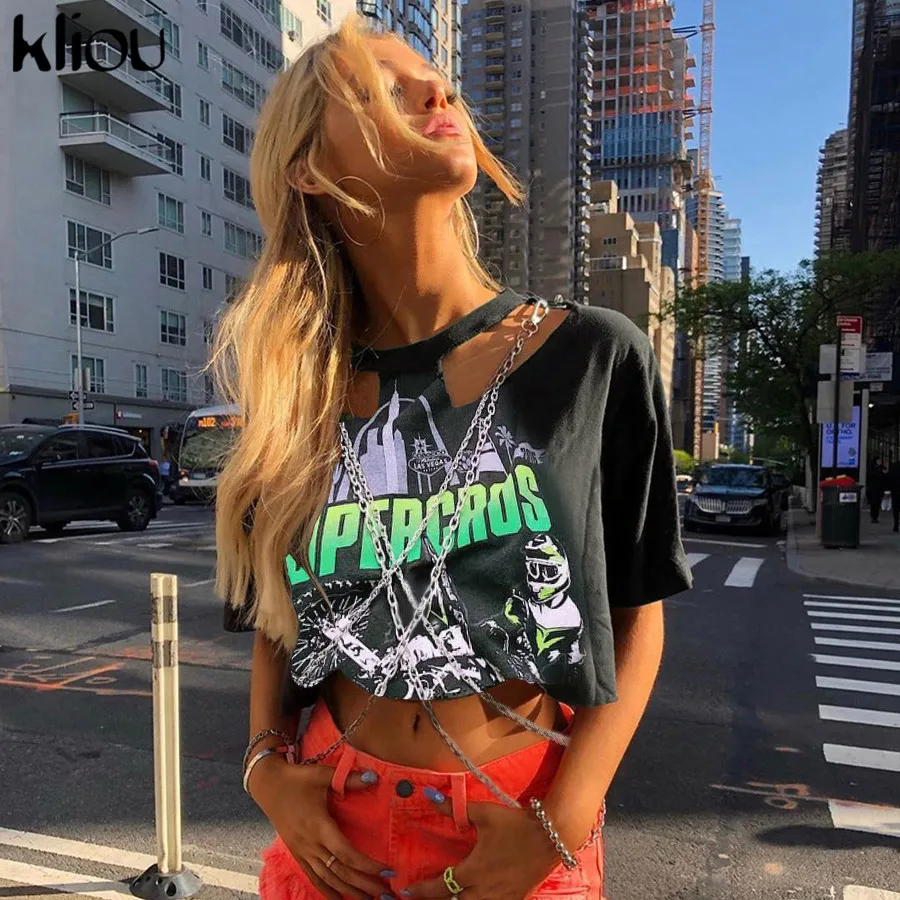 kliou Новая женская укороченная однотонная футболка с коротким рукавом с круглым воротником с разрезами на цепи с буквенным принтом модная майка