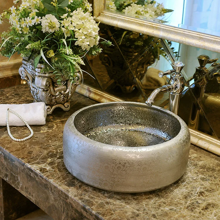 Counter Top Wash Basin Cloakroom Hand Painted Vessel Sink bathroom sinks deep basin sink ceramic wash glazed silver color | Обустройство