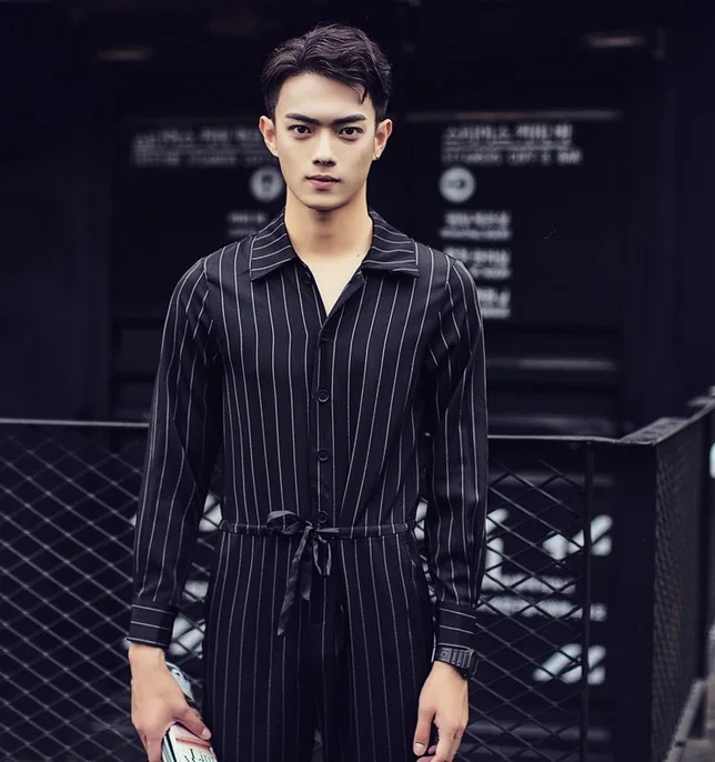 Мужской комбинезон в черно белую полоску повседневные брюки Корейском стиле