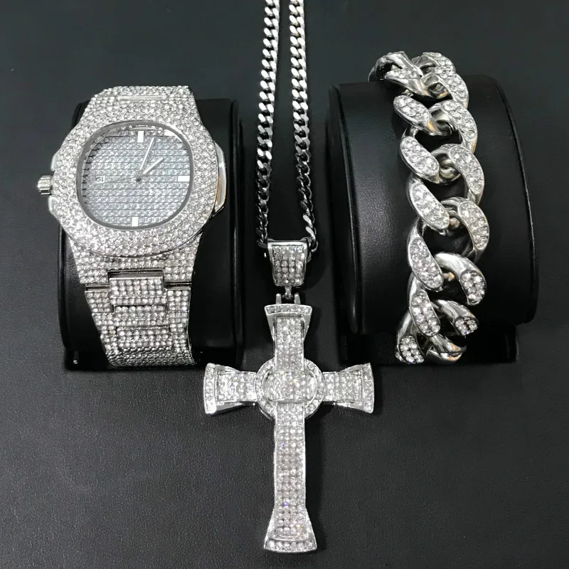 set Luxury Men Diamond Watch Hip Hop cross Jewelry Watch& Bracelet&Necklace Combo Set Watch Diamond Ice Out Cuban Watch Set For Men - Цвет: set
