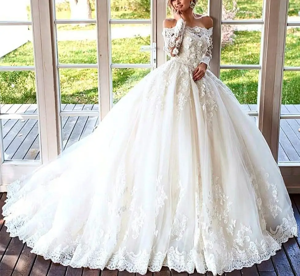 Роскошное Свадебное платье Casamento с 3D цветами кружевом длинными рукавами вырезом