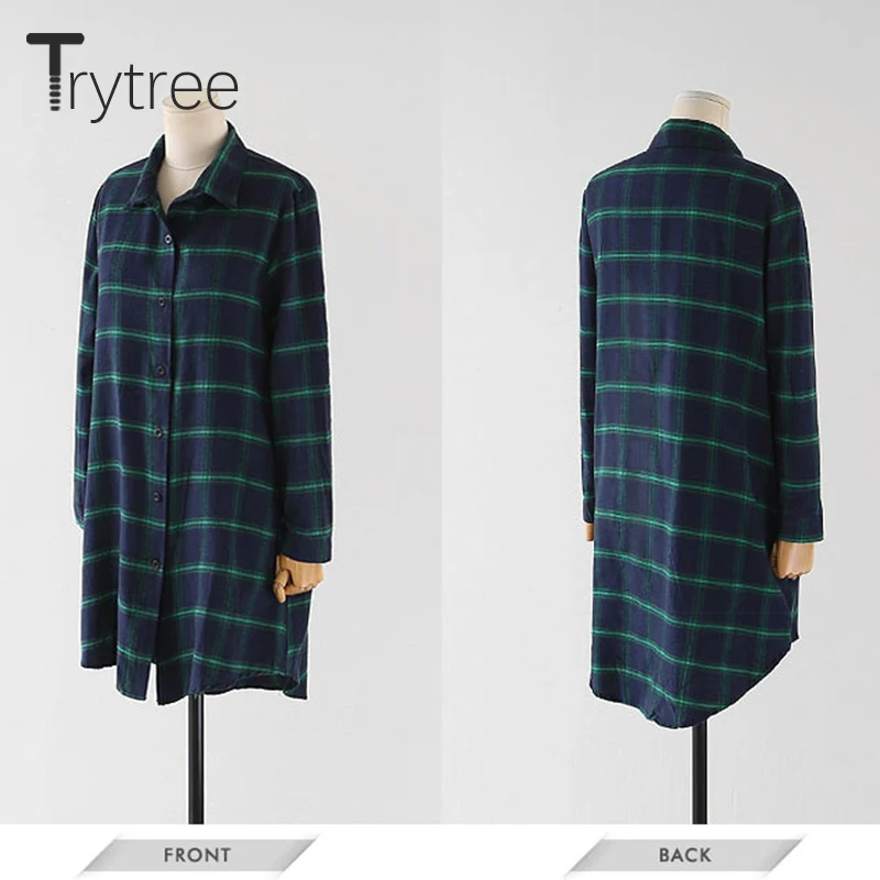 Trytree весна осень Женская хлопковая блузка Повседневная рубашка с отложным