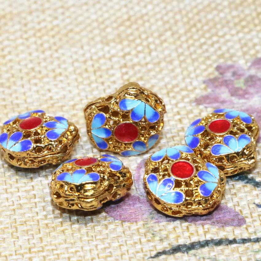 New arrival 14*17mm carved flower cloisonne hollow coin spacers beads accessories diy women &amp men jewelry finding 5pcs B2396 | Украшения