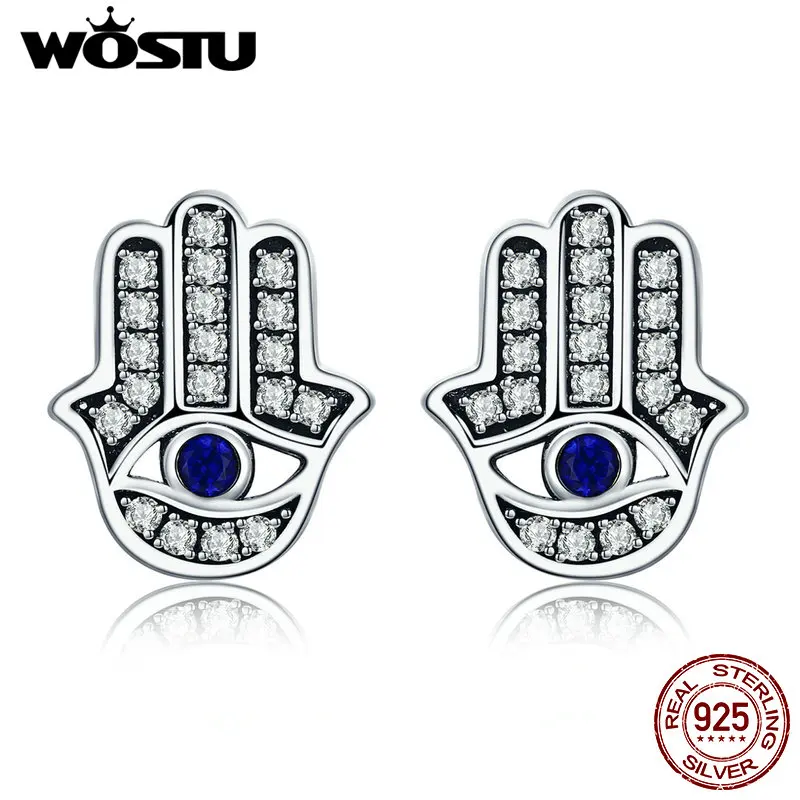 WOSTU Настоящее 925 пробы серебряные Винтажные серьги-гвоздики Рука Фатимы Хамса для женщин бренд Lucky Jewelry подарок CQE389