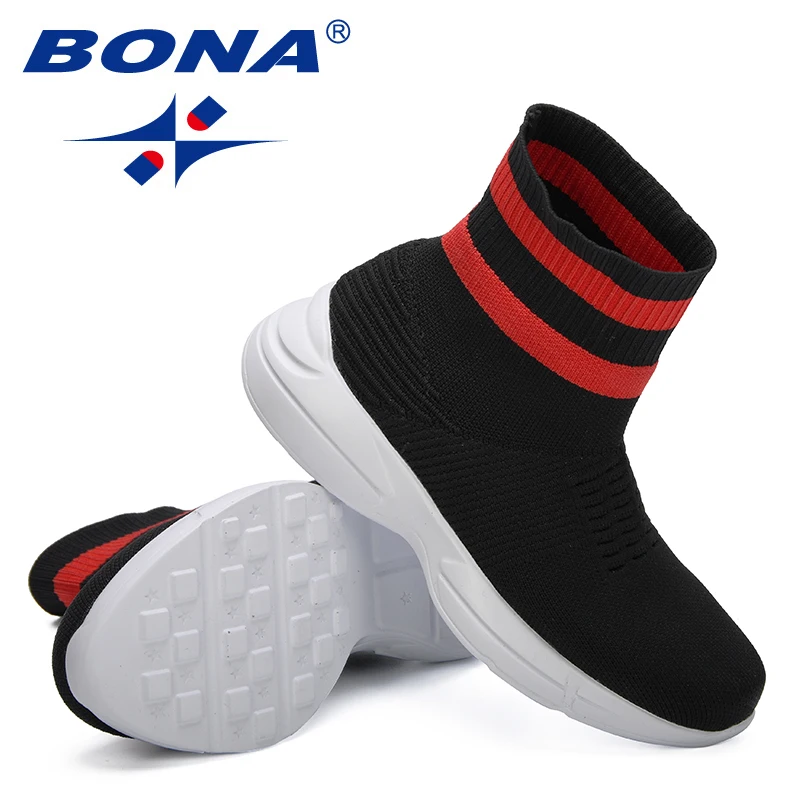 BONA 2019 новые дизайнерские Детские летающие кроссовки для девочек высокие носки