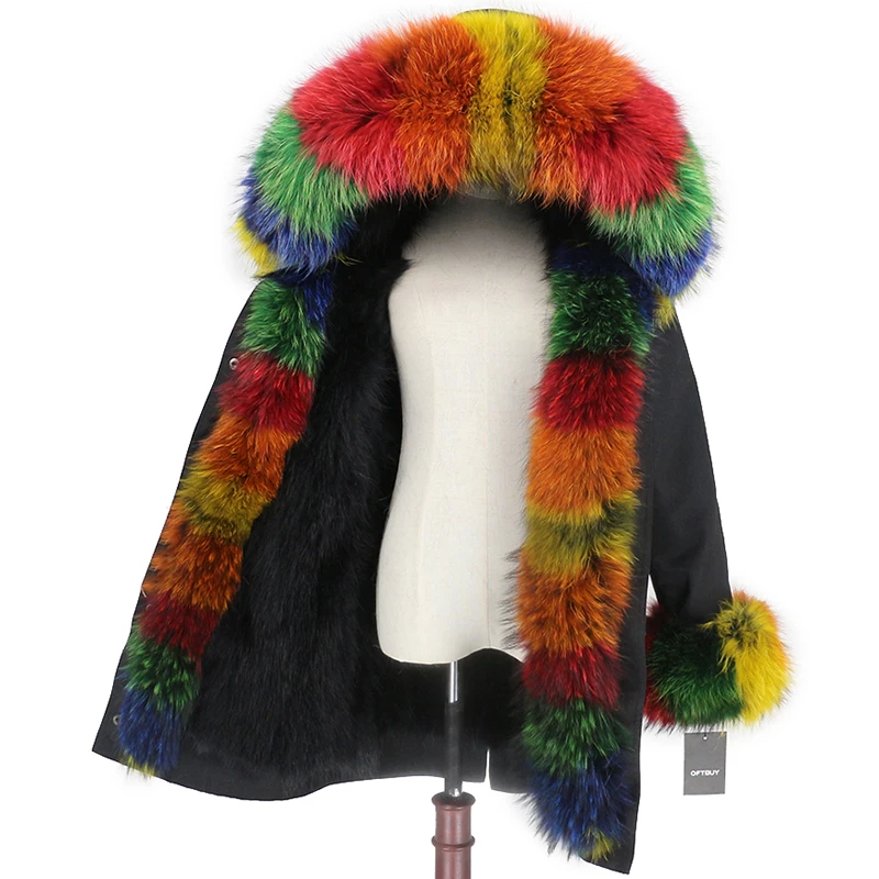 black black multi OFTBUY Водонепроницаемая парка зимняя куртка женская шуба из натурального меха енота воротник капюшон Подкладка из натурального кроличьего меха уличная одежда - Цвет: black black multi