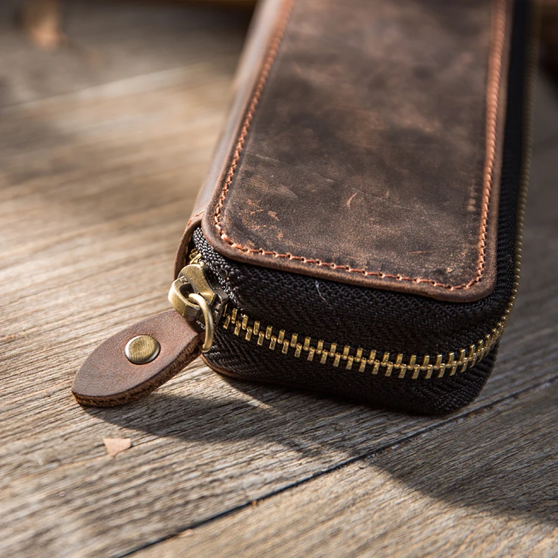 

Genuine Leather Zipper Pen Pencil Bag File Document Holder With Large Capacity For Business Stationery School Supplies BD73