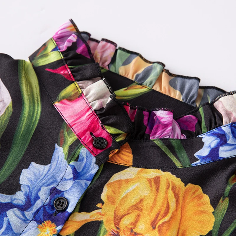 2018 Autumn Women Tops High Quality Black Floral Printed Chiffon Ruffled Collar Vintage Runway Design Shirt |