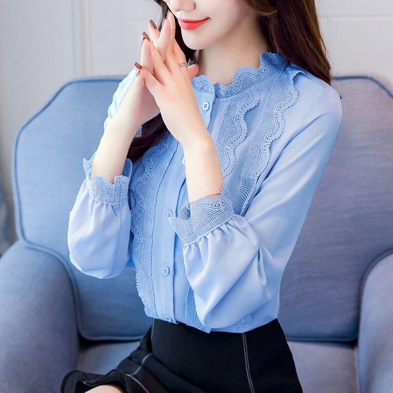 Lace blouse Autumn New blusa feminina Women tops long sleeved Korean Office lady Chiffon shirt Ruffles clothing DF2376 | Женская одежда
