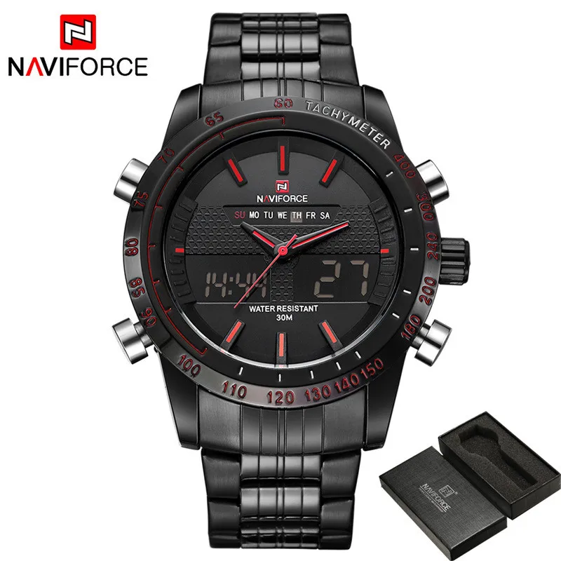 Лидер продаж, мужские спортивные часы NAVIFORCE, мужские Цифровые кварцевые армейские часы из нержавеющей стали, мужские часы с хронографом, черные