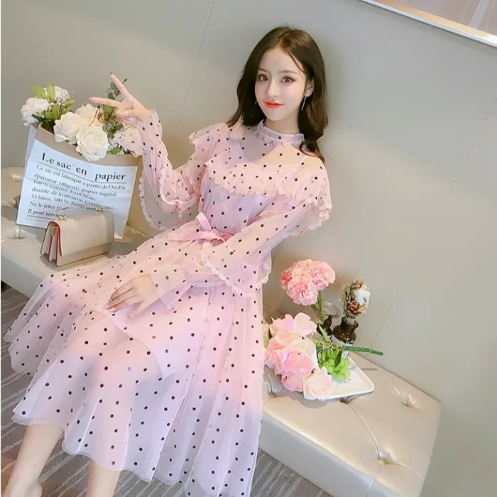 

Роскошное женское платье, дизайнерское корейское тонкое Сетчатое платье в горошек с расклешенными рукавами, милое женское вечернее платье ...